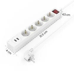 Разклонител Hama 223183, 5 гнезда + 2x USB с ключ, бял