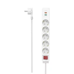 Hama 223186 Power Strip, 5 outlets + 2x USB with switch, White